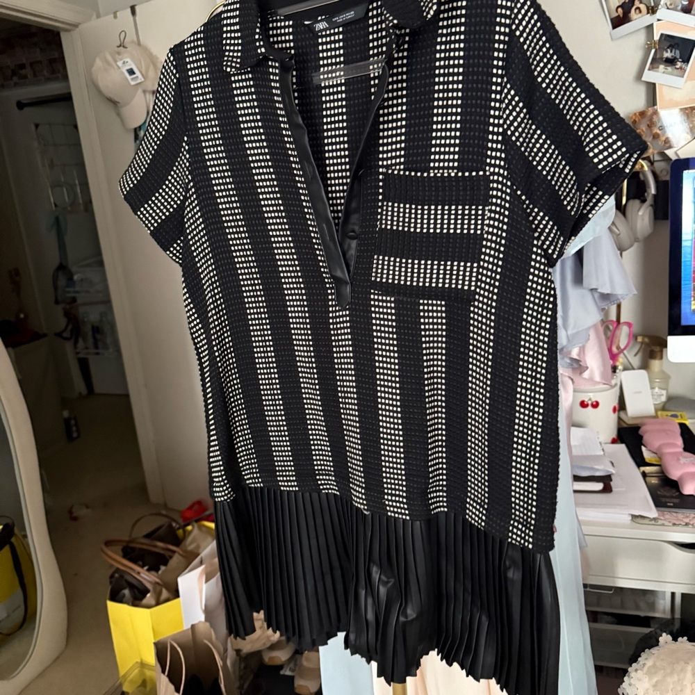 Black and White Striped Top with Pleated Hem